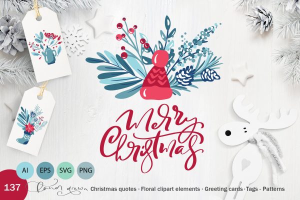 圣诞节主题元素水彩手绘设计素材 Christmas floral holiday elements