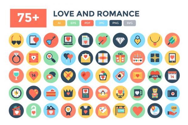 75+爱与浪漫平面图标 75+ Flat Love and Romance Icons