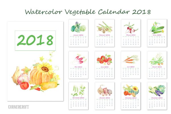 特色水彩瓜果蔬菜年历模板  Watercolor Vegetable Calendar